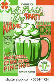 Vector illustration of patricks day party invitation poster template design with a big mug of beer, foam, typography text sign, inspirational quote, clover, hat on ireland flag color background