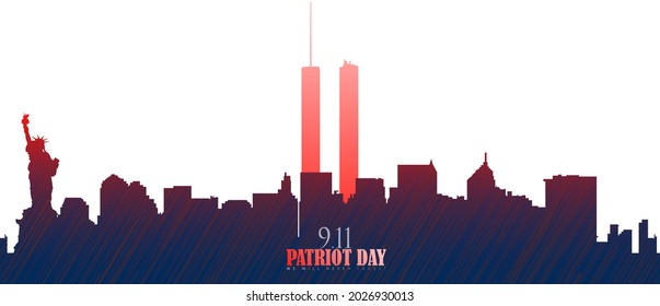 Vector illustration of Patriot Day 911 anniversary. USA Patriot Day banner with high rise towers of New York along with twin tower world trade center on white background. We will never forget.