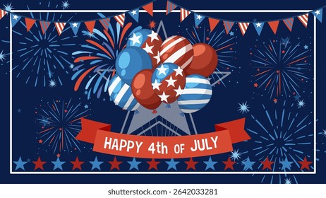 Vector illustration with patriotic balloons, fireworks, and banners in red, white, and blue. Perfect for Independence Day themes