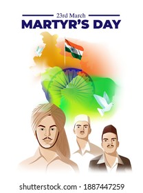 Vector Illustration For Patriotic Concept Banner For Indian Martyr's Day, 23 March With Tricolor Abstract Background, Freedom Fighter Bhagat Singh, Shivaram Rajguru And Sukhdev Thapar Portrait.