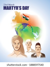 Vector Illustration For Patriotic Concept Banner For Martyr's Day, 23 March, Freedom Fighter Bhagat Singh, Shivaram Rajguru And Sukhdev Thapar Portrait.