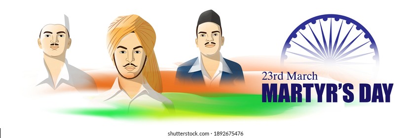 Vector Illustration For Patriotic Concept Banner For Indian Martyr's Day, 23 March , With Tricolor Abstract Background, Freedom Fighter Bhagat Singh, Shivaram Rajguru And Sukhdev Thapar Portrait.