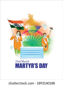 vector illustration for patriotic concept banner for Indian Martyr's Day, 23 March with tricolor abstract background, people with mask 