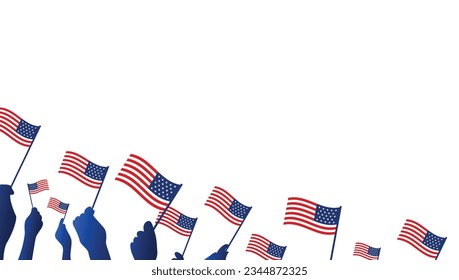 Vector illustration of patriotic human hands Holding Up American Flags. Poster, banner, greeting card template.