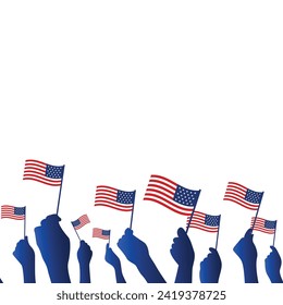 Vector illustration of patriotic human hands Holding Up American Flags. Poster, banner, greeting card template.