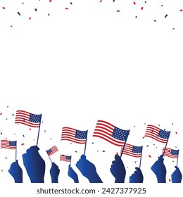 Ilustración vectorial de manos humanas patrióticas sosteniendo banderas americanas con confeti. Póster, banner, plantilla de tarjeta de felicitación.