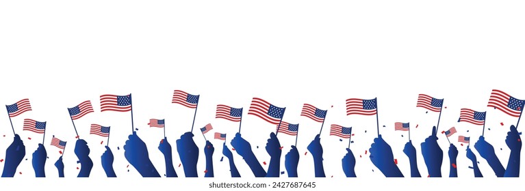 Vector illustration of patriotic human hands Holding Up American Flags. Poster, banner, greeting card template.