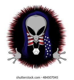 Vector illustration of a patriotic little grey alien wearing the american flag.