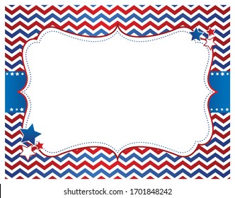 A vector illustration of a patriotic red white and blue chevron pattern with an empty frame with stars