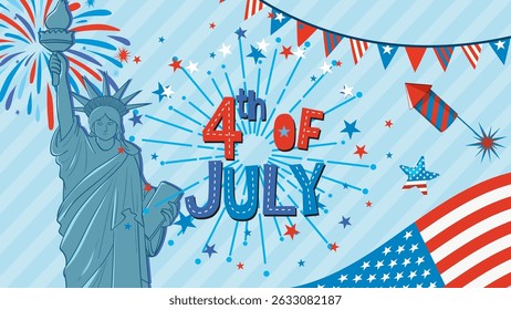 Vector illustration with patriotic symbols, vibrant fireworks, and the Statue of Liberty in red, white, and blue