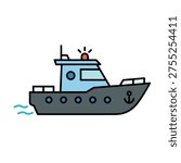 Vector illustration of a patrol boat icon for maritime security in flat design style with uniform stroke.