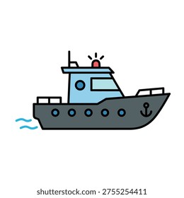 Vector illustration of a patrol boat icon for maritime security in flat design style with uniform stroke.