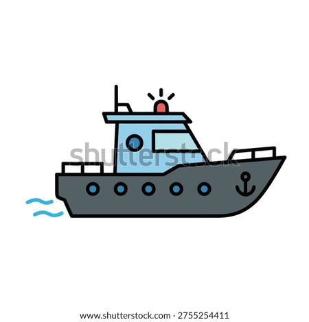 Vector illustration of a patrol boat icon for maritime security in flat design style with uniform stroke.