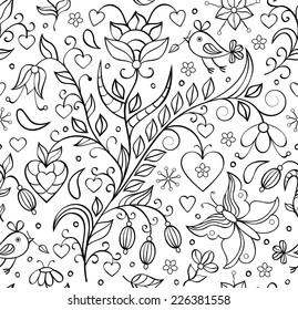 Vector illustration of pattern with abstract flowers and birds.Floral background