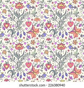 Vector illustration of pattern with abstract flowers,butterflies and birds.Floral background