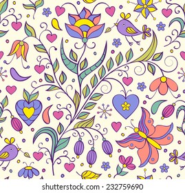 Vector illustration of pattern with abstract flowers,butterflies and birds.Floral background