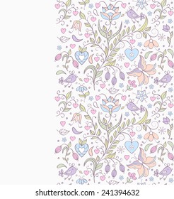 Vector illustration of pattern with abstract flowers,butterflies and birds. Floral background