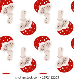 Ilustración vectorial, patrón, hongo amanita en un sombrero rojo sobre un fondo blanco. Para afiches, material ,cubierta, papel pintado, cuadernos, planificadores, textil y otro diseño gráfico. Escalable a cualquier tamaño.