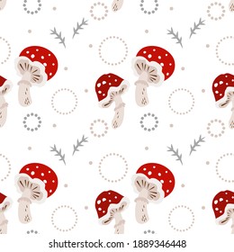 Vector illustration, pattern, amanita mushrooms with red hat, gray branches, circles and dots. For poster, material, greeting card, invitation, flyer, cover, banner, textile and other graphic design.