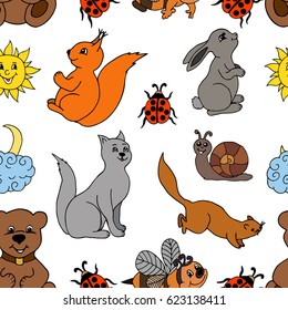 Vector illustration, a pattern of animals, insects and planets. The work is done manually. Wallpapers in the nursery. In color.