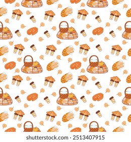 Vector illustration, pattern, autumn picnic, sweets, coffey. Pattern for printing, printing on fabric, backgrounds.