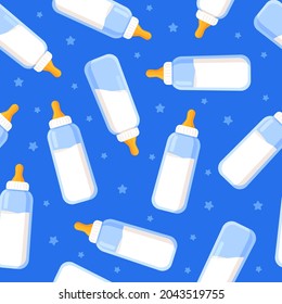 Vector illustration of a pattern of baby milk bottles. Seamless illustration with lots of baby bottles. 