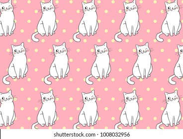 Vector illustration pattern background design white cat on pink pastel color and polka dot.Draw doodle cartoon style.