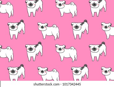 Vector illustration pattern background design white pug dog on pink color.Doodle cartoon style.