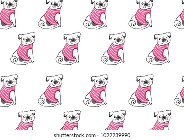 Vector illustration pattern background design cute pug dog on white color.Doodle cartoon style.
