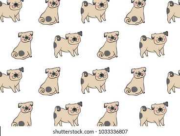 Vector illustration pattern background design brown pug dog on white color.Doodle cartoon style.