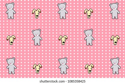 Vector illustration pattern background design bear and dog on pink pastel color and polka dot.Draw doodle cartoon style.