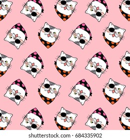 Vector illustration pattern background design face of cat for Halloween day on pink pastel.Draw doodle style.