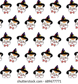 Vector illustration pattern background design face of cat for Halloween day on white color.Doodle style.