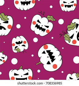 Vector illustration pattern background design of pumpkin in Halloween day different emotion on purple color.Draw doodle cartoon style.