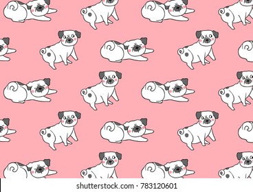 Vector illustration pattern background design pug dog on pink pastel.Draw doodle cartoon style.
