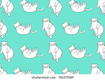 Vector illustration pattern background design white cat on green pastel color .Draw doodle cartoon style.