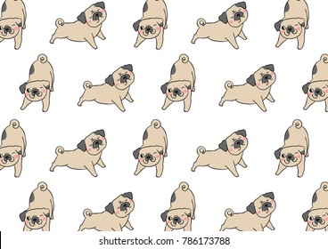 Vector illustration pattern background design pug dog on white color.Draw doodle cartoon style.