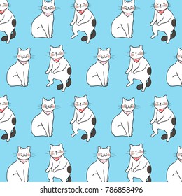 Vector illustration pattern background design of cat on blue pastel color.Draw doodle cartoon style.