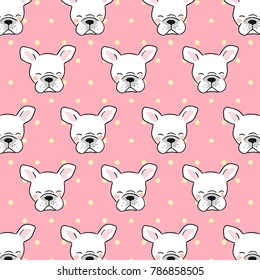 Vector illustration pattern background design head of french bulldog on pink pastel color and polka dot.Draw doodle cartoon style.