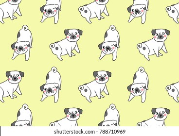 Vector illustration pattern background design pug dog on yellow pastel color.Draw doodle cartoon style.