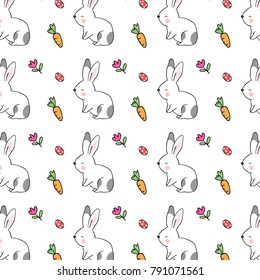 Vector illustration pattern background design cute rabbit carrot flower egg for Easter day.Draw doodle cartoon style.