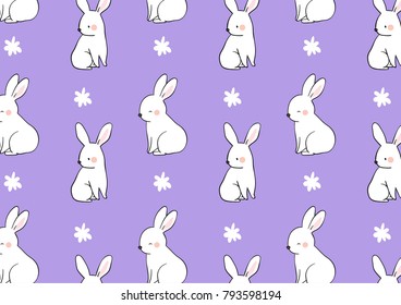 Vector illustration pattern background design cute rabbit on purple pastel color.Draw doodle cartoon style.