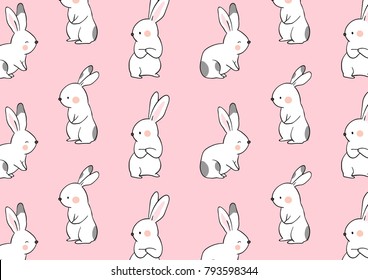 Vector illustration pattern background design cute rabbit on pink pastel color.Draw doodle cartoon style.