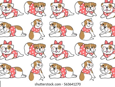 Vector illustration pattern background of sweet polka dot and cute bulldog.Doodle style.
