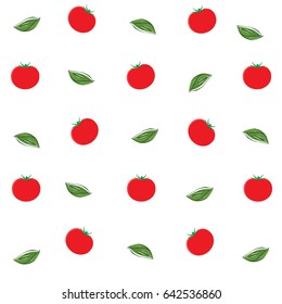 Vector illustration pattern, background with tomato vegetable and basil leaves. Tomatoes