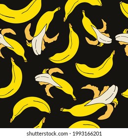 Vector illustration of a pattern of bananas on a black background, food fruits plants wallpaper cover for fabric, yellow black
