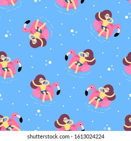 vector illustration pattern blue and pink background with business theme for printing on fabric. Freelancer girl with a phone sunbathes on a pink flamingo