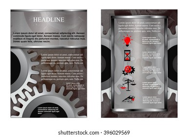 Vector illustration of a pattern booklet with gears and realistic mechanism, designated space for possible text. The work shows two pages front and back.