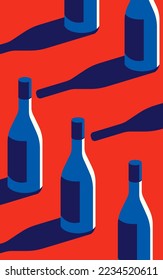 Vector illustration of a pattern of bottles on a red background in retro style.