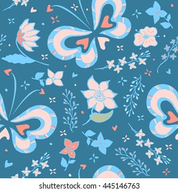 vector illustration pattern with butterflies and flowers, floral background, blue background
